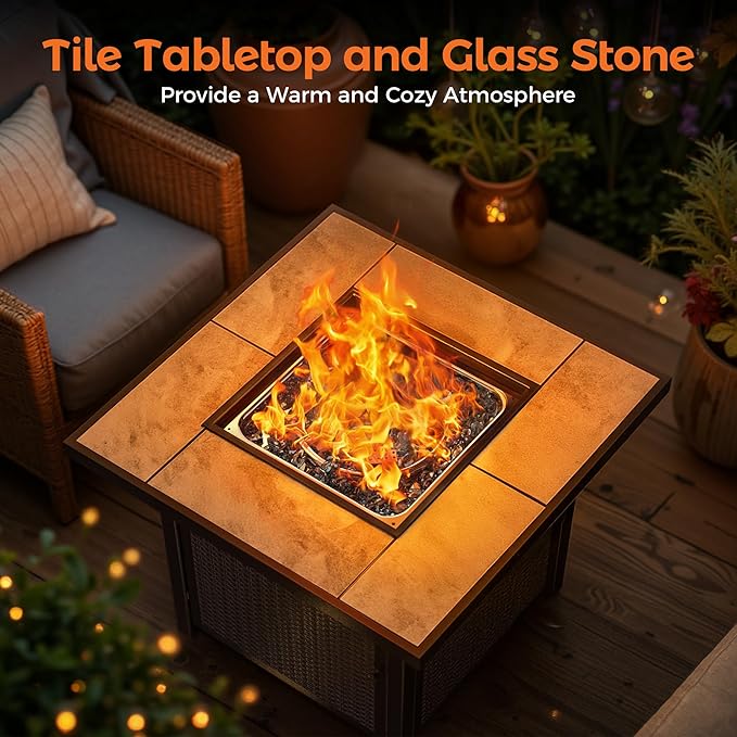 BALI OUTDOORS Propane Gas Fire Pit Table 32 inch 50,000 BTU Square Gas Firepits for Outside, Brown