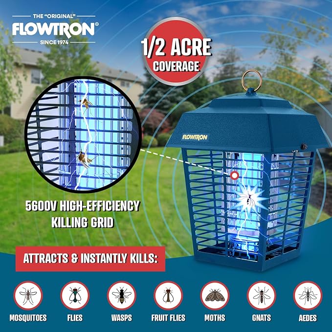Flowtron Electric Bug Zapper 1/2 Acre Outdoor Insect Control with Dual Lure Method, 15W UV Light & Octenol Attractant for Fly & Mosquito, 5600V Kill Grid, Made in USA, UL Certified - Blue Color