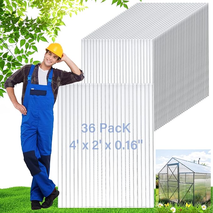 Tatuo 6 Pack 4' X 2' X 0.16'' Polycarbonate Greenhouse Panels Polycarbonate Sheets Twin-Wall Roof Panels Waterproof UV Protected Clear Corrugated Plastic Roofing for Greenhouse Replacement