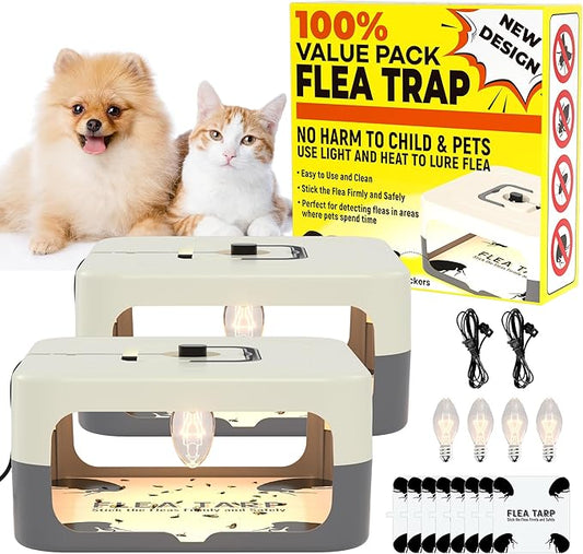 2 Pack Flea Traps for Inside Your Home, Flea Light Traps for Home Indoor with 4 Bulbs and 8 Sticky Discs, Bed Bug Trap Safe to Pets and Kids
