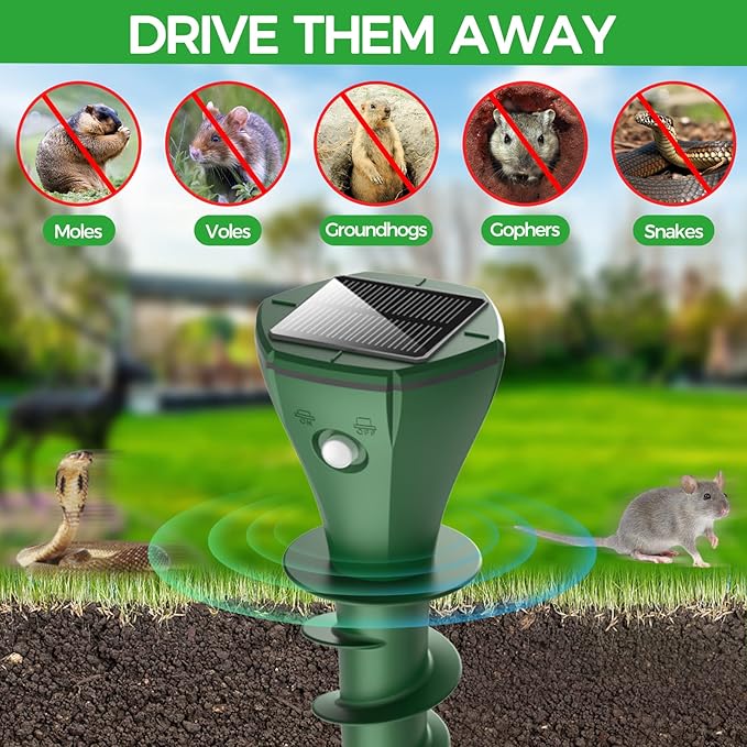 Mole Repellent Solar Powered, 4 Pack Solar Powered Mole Repellent, Groundhog Repellent for Outside, IP65 Waterproof Ultrasonic Vole Repeller Outdoor, Mole, Skunk Deterrent for Yard, Lawns, Garden