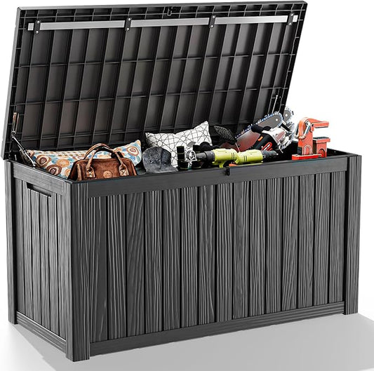 ROJIK 150 Gallon Outdoor Storage Box Waterproof-Patio Furniture Resin Deck Box, Garden Tools, Cushions, Pool Accessories Storage Bench with Lockable Lid and Side Handles (Black, 150 Gal)