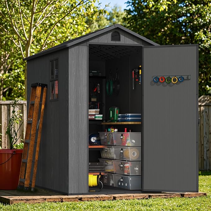 Greesum 4×6FT Plastic Outdoor Storage Shed with Floor, Resin Storaged Sheds with Lockable Door, Window & Vent, All-Weather Tool Sheds for Garden, Backyard, Patio, Dark Gray (One-Piece Panel)