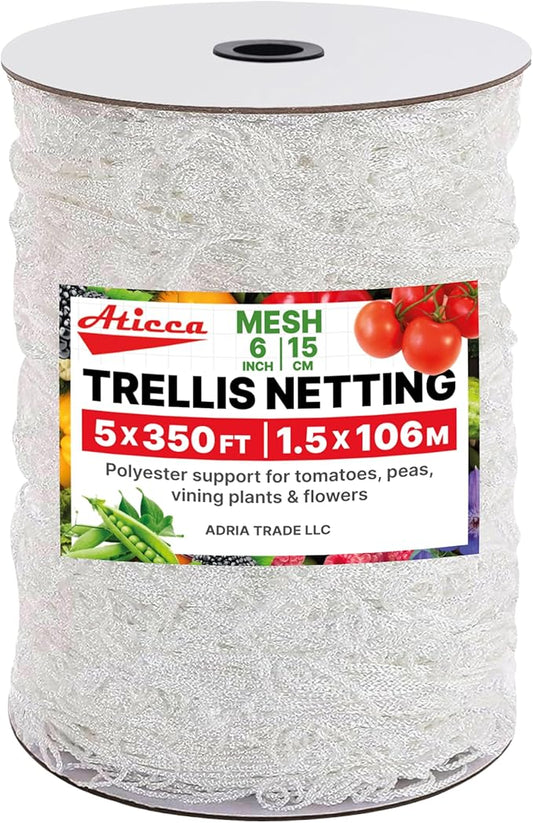 Trellis Netting 5 x 350 ft Heavy Duty Polyester Plant Support Netting White - 6 Inch Garden Rope Trellis on Roll - Mesh Twine for Growing Vine Climbing Plants, Flowers, Peas, and Tomatoes
