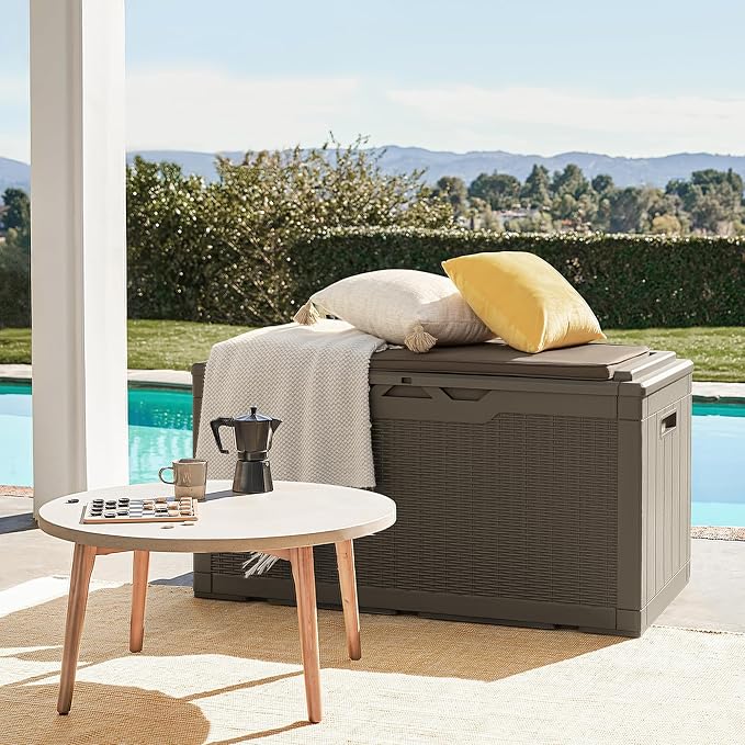 Flamaker Deck Box with Cushion 100 Gallon Waterproof Resin Storage Box with Air Rod Indoor Outdoor Lockable Storage Bench for Patio Furniture, Tools, Pool Accessories (Brown)