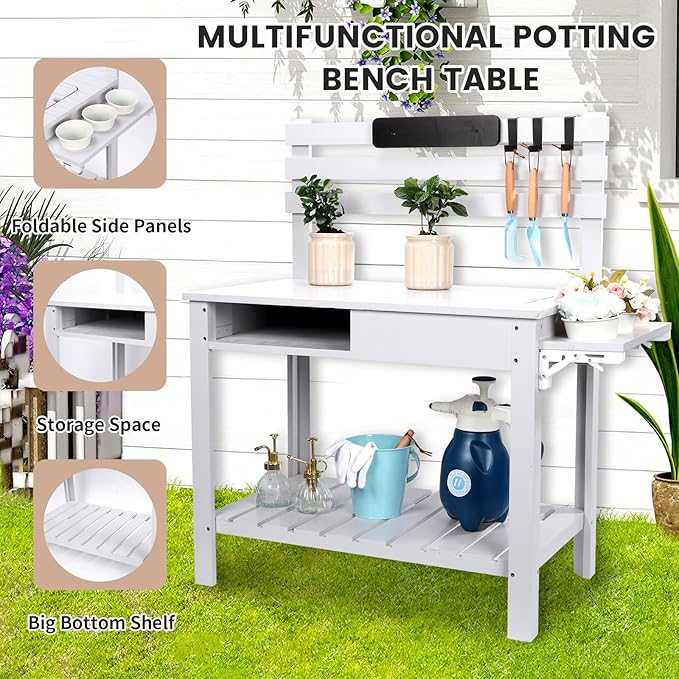Kids Potting Bench Table Outdoor Garden Table Wooden Work Station Outdoor Garden Work Bench Platform with 3 Side Hook Shelf Natural Wood White Grey Gift for Boys Girls