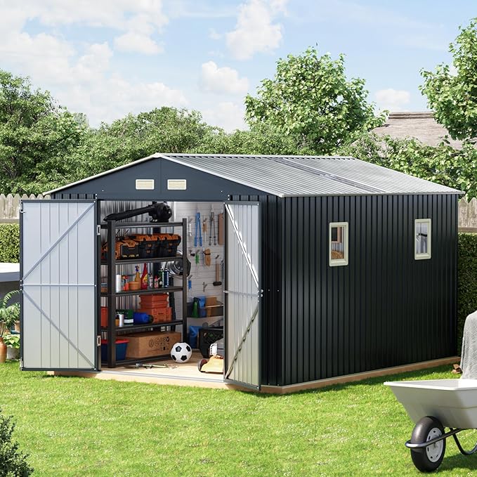 10x12 FT Outdoor Metal Storage Shed with Floor Frame, Double Swing Doors, 2 Clear Windows, Replaceable Skylight Roof Panel, Tool Shed for Garden, Patio, Backyard