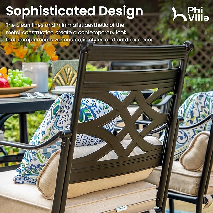 PHI VILLA 5 Pcs Patio Dining Set,Outdoor Table Chair Set for 4 with Outdoor Chairs and Metal Frame Steel Round Table,Outdoor Dining Furniture with Cushion and Pillow for Garden Lawn Deck