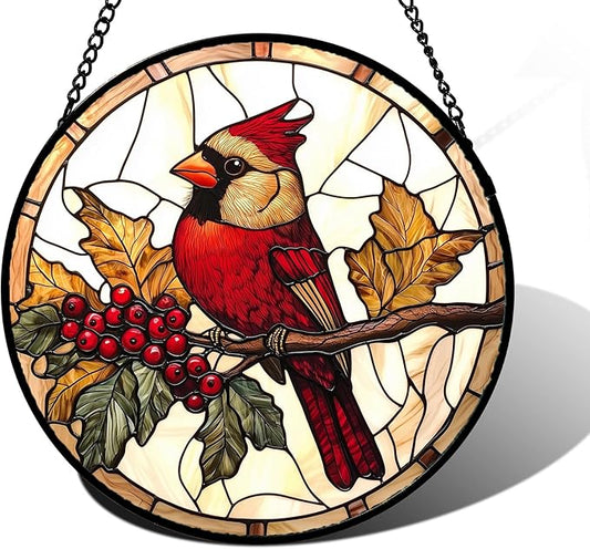 Stained Glass Window Hanging, Birds on a Branch Cardinal Sun Catchers Diamond Glass Panel Hangings Suncatcher Decor for Birthday for Women, Men, Wife, Aunt, and Mom 6.3 in