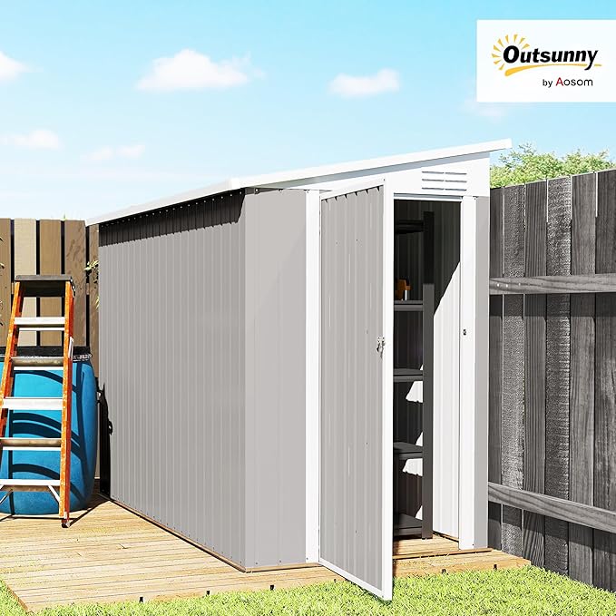 Outsunny 4' x 7.7' Metal Outdoor Storage Shed, Lean to Storage Shed, Garden Tool Storage House with Lockable Door and 2 Air Vents for Backyard, Patio, Lawn, Light Gray