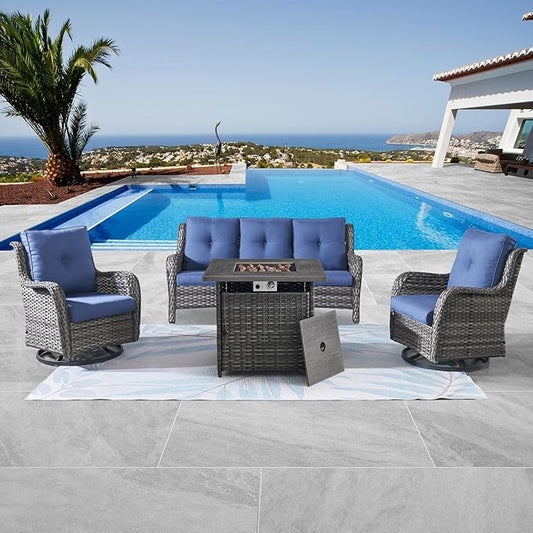 Patio Furniture 4 Piece, All-Weather PE Wicker Outdoor Furniture Set with CSA Certified 30in Propane Fire Pit Table,Outdoor Patio Furniture with Swivel Rocking Chairs