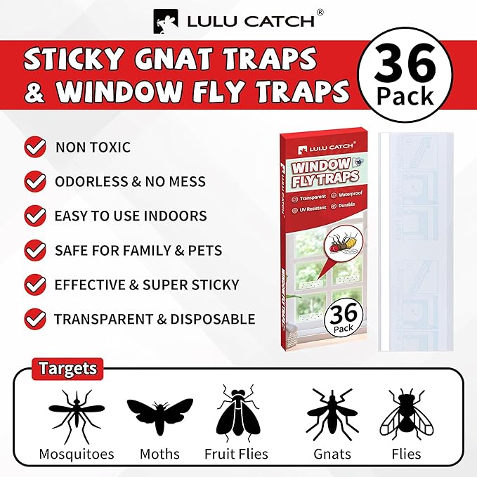 LULUCATCH Window Fly Traps, 36 Pack Fruit Fly Traps for Indoors, Gnat Traps Bug Catcher, Non-Toxic Flying Insect Trap, Sticky Traps for Mosquito, Moth, Pet Safe Pest Control for Home Kitchen