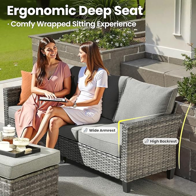 ovios Patio Furniture Set, 8 Pieces Outdoor Wicker Sofa Couch with Chairs, Ottomans and Comfy Cushions, All Weather High Back Rattan Conversation Set, Dark Grey