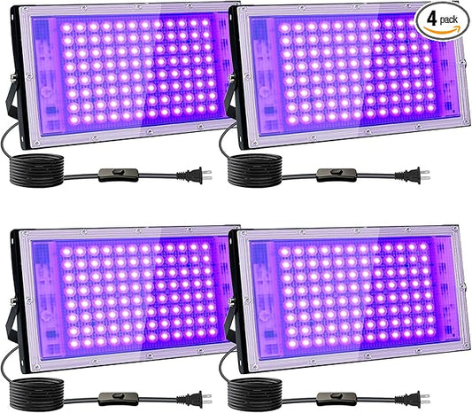 4 Pack 100W UV Black Light, Black Lights for Glow Party, IP65 Waterproof, for Blac k Light Party, Stage Lighting, Halloween, Body Paint, Fluorescent Poster, Neon Glow