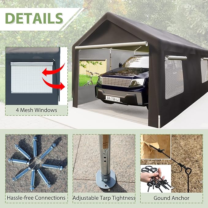 10'x20' Heavy Duty Carport, Garage Car Canopy, with Roll-up Ventilated Windows, Car Shelter w/Side Tarps for Car, Truck, Boat,Gray