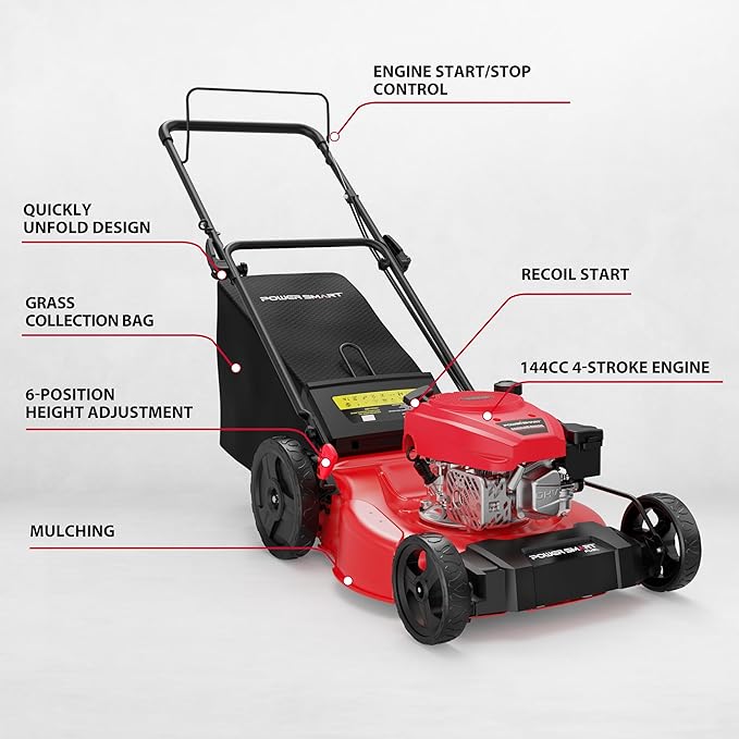 PowerSmart Gas Push Lawn Mower 21-inch 144cc 4-Stroke Engine with Easy Adjustable Cutting Height, High Wheels, 2-in-1 with Mulching, Rear Bagger