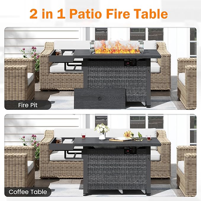 52 Inch Wicker Outdoor Fire Table, 50,000BTU Propane Fire Pit Table with Windshield, Side Basket, Rain Cover, CSA Certified, Patio Fire Pit for Garden, Backyard, Balcony, Poolside, Grey