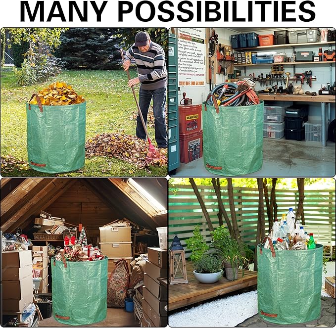 Gardzen 3-Pack 80 Gallon Yard Waste Bags, Reusable Heavy Duty Collapsible Garden Leaf Bags with Plastic Ring, Stand-Up Yard Waste Bin for Leaves, Lawn Debris & Grass Clippings