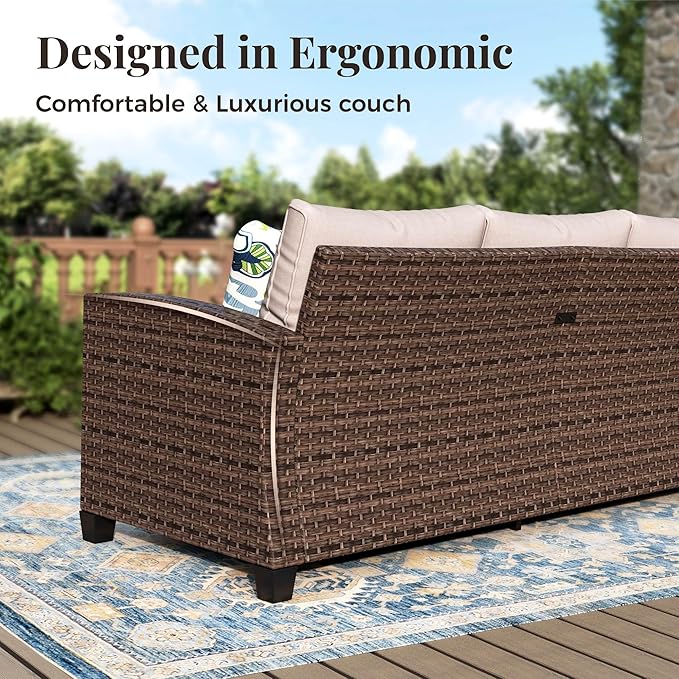 Patio Furniture Set, 6 Pcs Wicker Rattan Outdoor Conversation Set, 2 x Leg Chairs, 1 x 3 Seater Sofa and 2 x Ottoman with 4" Thick Cushion and 56" Fire Pit Table, Beige