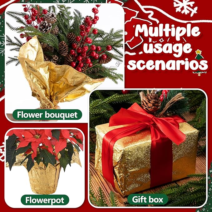 Adnee 10 Yard Floral Foil Plant Pot Covers,Matte Texture Christmas Plant Pot Foil,Golden Floral Pot Wrapping Paper for Christmas Home Flower Pot DIY decor