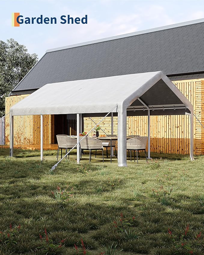 12x20 Ft Carport, Car Port with 200g PE Tarp, Roll-Up Doors, and 4 Windows, for Full-Size Pickups, Bass Boats, Tractors, and SUVs, White