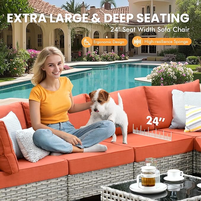 Outdoor Sectional Patio Furniture Set with Fire Pit Table and Glowing Table,6 Pieces Wicker Conversation Sets L Shaped Couch Out Door Sofa Set Outside Furniture for Garden Deck Yard,Red