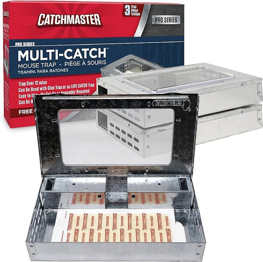 Catchmaster Pro Series Multi-Catch Mouse Trap 3-Pack, Humane Mouse Traps Indoor for Home, Includes Replaceable Glue Board, Pet Safe Pest Control, Live Catch for Garage & Shed