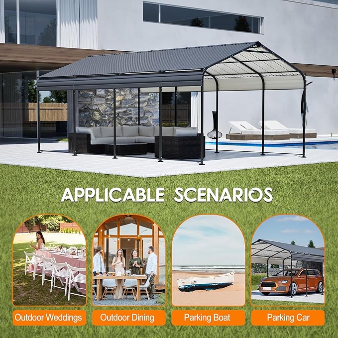 12X20 FT Metal Carport, Outdoor Car Shelter All Weather, Heavy Duty Outdoor Galvanized Car Shelter for Car Boat Truck and SUVs, Black