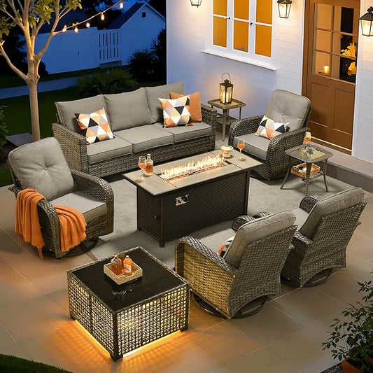 ovios 9 Pieces Patio Furniture Set, Outdoor Wicker Sofa Couch with Rocking Swivel Chairs Fire Pit Table, Modern Deep Seat Rattan Conversation Sets for Porch Deck, Dark Grey