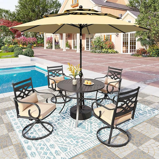 PHI VILLA Outdoor Patio Dining Set for 4 with 10ft 3-Layer Auto-tilt Round Umbrella(Beige),Includes 4 Outdoor Swivel Chairs with Cushions and a Metal Round Table, Perfect for Garden, Lawn, or Deck