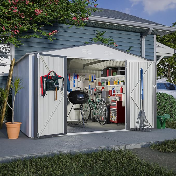10X8 FT Outdoor Storage Shed, All Weather Metal Sheds with Lockable Doors, Tool Shed for Garden, Patio, Backyard, Lawn (White, 10x8ft)