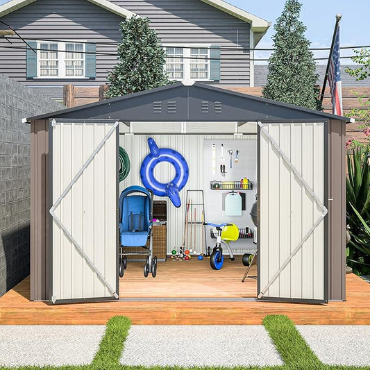10X10 FT Outdoor Tool Storage Shed with Metal Foundation & Lockable Doors, All Weather Metal Sheds for Garden, Patio, Backyard, Lawn, Brown
