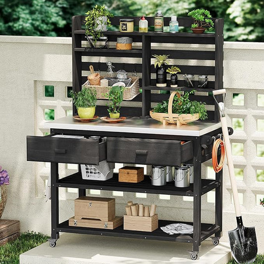 Polibi 64.9" H Outdoor Potting Bench Table with Lockable Wheels,Solid Fir Wood Outdoor Kitchen Island (Black)