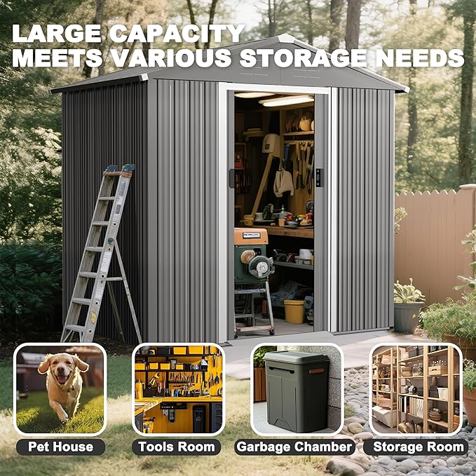 Nuu Garden 6 x 4 FT Outdoor Storage Shed with Sliding Doors, Galvanized Sheet Outdoor Shed with Sloping Roof, Anti-Corrosion Garden Shed with Air Vents for Backyard Patio Lawn, Gray