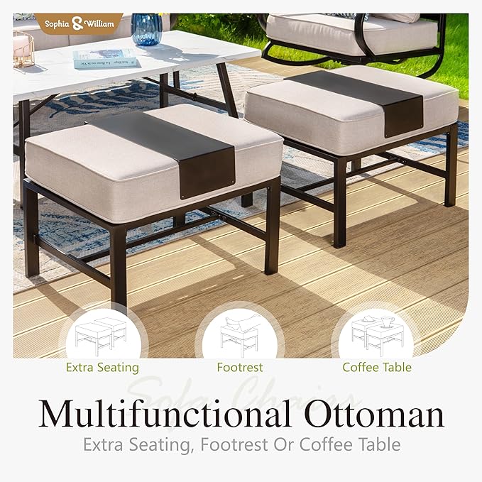 Sophia & William Patio Furniture Sets for 7 Outdoor Conversation Set 7 Pcs with 2 x Swivel Chairs, 2 x Armrest Sofa Chairs, 1 x 3-Seat Sofa, 2 x Ottomans for Coffee Garden Backyard Poolside Beige