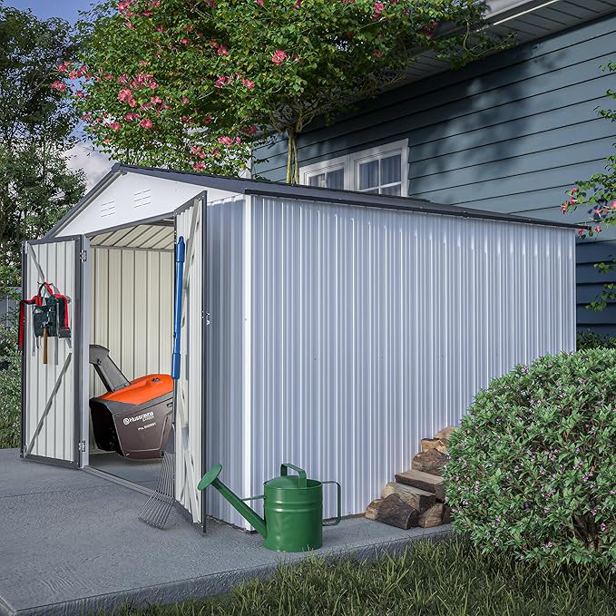 10X8 FT Outdoor Storage Shed, All Weather Metal Sheds with Lockable Doors, Tool Shed for Garden, Patio, Backyard, Lawn (White, 10x8ft)