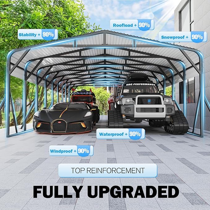 Carport Canopy 20’X40’ Heavy Duty Car Port Galvanized Steel Roof, Reinforced Stable Triangle Frame for Snowy Windy Metal Carports Enhanced Base Car Tent for Car,RV,Pickup,Boat,Truck,Tractor