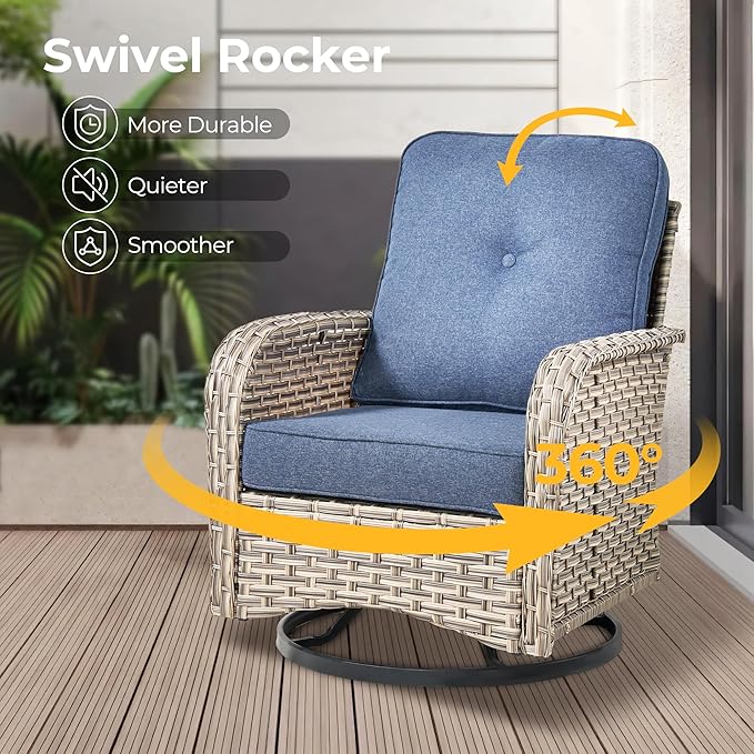 HOOOWOOO Outdoor Sectional Patio Furniture Set with Fire Pit Table,9 Pieces Wicker Conversation Sets,Extra Deep Out Door Sofa Outside Furniture Couch Swivel Chairs Ottoman,Denim Blue
