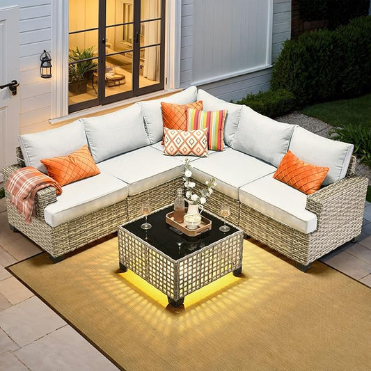HOOOWOOO Outdoor Sectional Patio Furniture Set,6 Pieces Wicker Conversation Sets L Shaped Couch,Extra Deep Out Door Sofa Outside Furniture,Light Grey