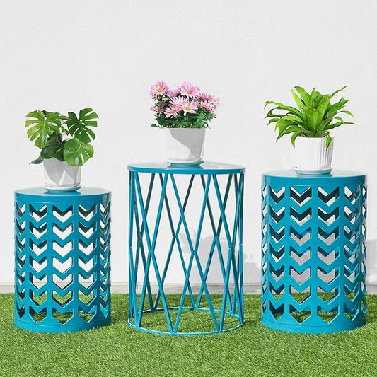 Y&M Nesting Side Table, Set of 3 Stacking Coffee Table for Living Room, Indoor End Tables, Outdoor Decorative Garden Stool with Heavy Duty Metal Frame Modern Industrial Decor - Blue