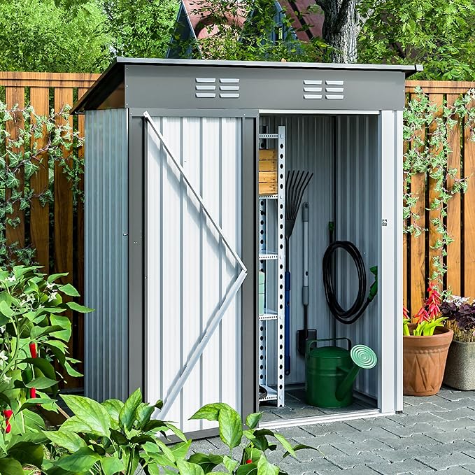 Outdoor Storage Shed, 5x3 FT Galvanized Steel Metal Shed, Lockable Waterproof Tool Storage Sheds for Garden, Patio, Lawn – Durable Storage Solution in Multiple Sizes