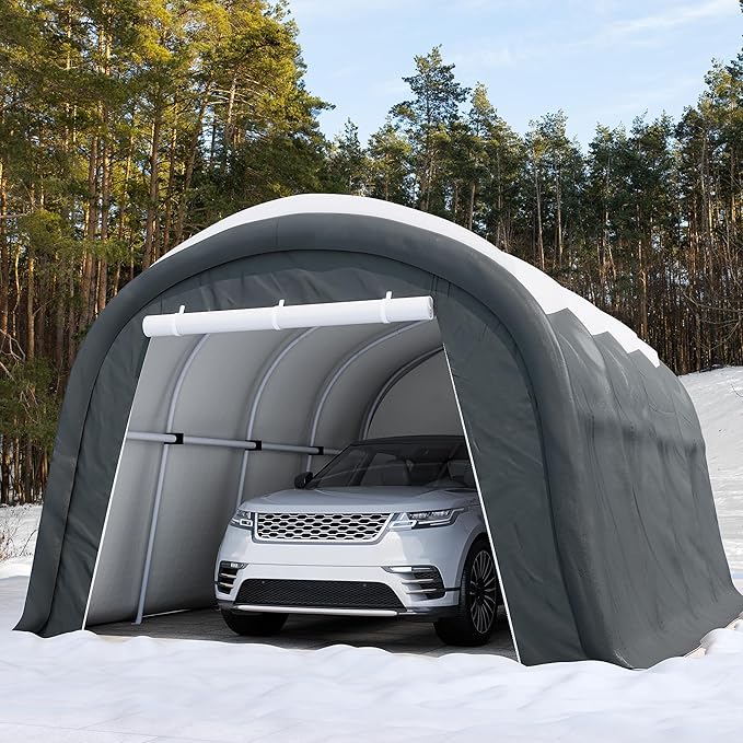 SUNBURY Carport, 10x20 FT Heavy Duty Canopy, Portable Garage with All-Steel Metal Frame & Double Zipper Doors, Round Style Outdoor Storage Shed for Car, Truck, Boat, Patio Furniture, Grey