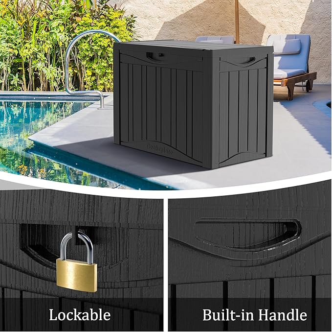50GAL Black Deck Box with Unique Pattern and Lock Hole - Waterproof, Durable Resin Construction, SGS Sun Protection, Ideal for Storing Outdoor Furniture Covers, Effortless Assembly