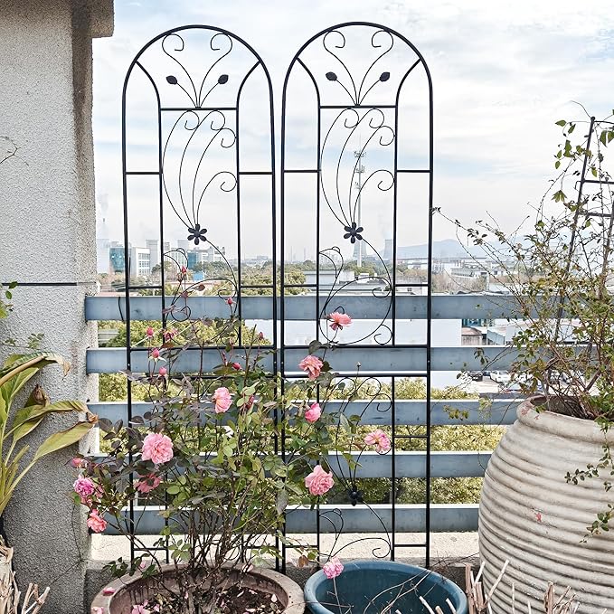 4 Pack Metal Garden Trellis for Climbing Plant Rose Stand, 86.7'' Tall Black Pattern Outdoor Flower Support Iron Garden Fence, Black