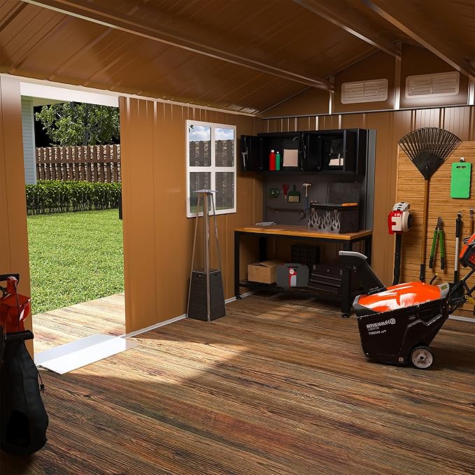 Outdoor Tool Shed 8x12 FT Heavy-Duty Metal Storage Shed with Lockable Door, Windows & Ventilation - Weather-Resistant Roof Garden Shed for Backyard, Patio, Lawn (Brown)