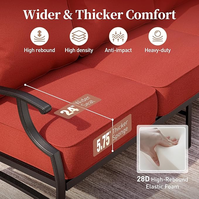 6 Piece Metal Outdoor Patio Furniture Set, Patio Conversation Set 1 3-Seater Sofa, 2 Rocking Chair, 2 Ottomans with 5.75" Thick Cushion and Coffee Table, Black Backyard Furniture, Red