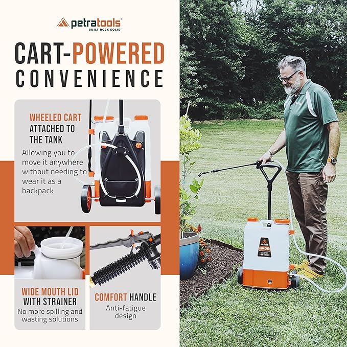 PetraTools Battery Powered Backpack Sprayer 4 Gallon - 6 Hours Long Battery Life & Padded Straps for Comfort - HD4000 Electric Backpack Garden Sprayer with 6 Spray Nozzles (HD4000 with Cart)