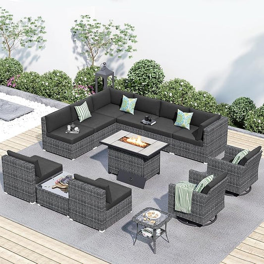 HOOOWOOO 13 Piece Patio Sectional Furniture Set with Fire Pit Table,Modern Wicker Outdoor Conversation Sofa Sets,All Weather Modular L Shaped Outside Couch Swivel Chair Set(Black)