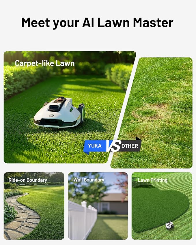 YUKA 2000 Robot Lawn Mower with 4G, Reception 0.5 Acre,Max. 0.7 Acre, Ultrasense AI Vision & RTK, Auto Mapping & App Control,45% Slope,Wireless Perimeter,Dual Cutting Discs, 20 Mowing Zones