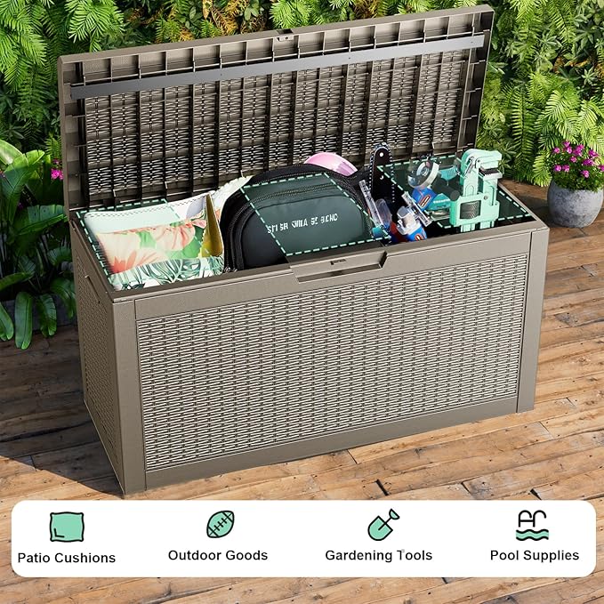 ROJIK Outdoor Storage Housing Deck Box,Waterproof Patio Furniture, Garden Tools, Cushions, Pool Accessories Storage Bench with Lockable Lid and Side Handles (Grey,60 Gallon)